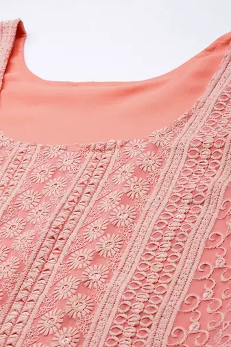 Peach chikankari embroidered unstitched dress material