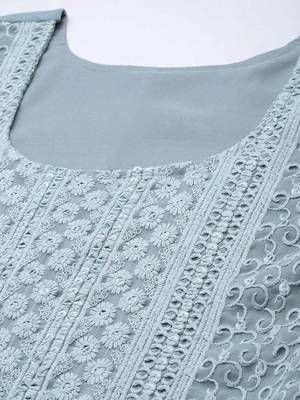 Turquoise blue chikankari embroidered unstitched dress material 3