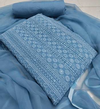 Blue chikankari embroidered unstitched dress material 1