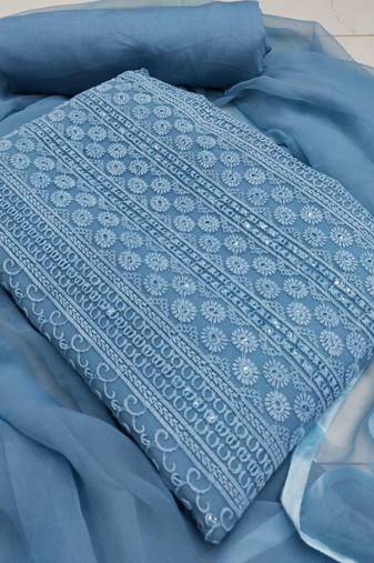 Blue chikankari embroidered unstitched dress material