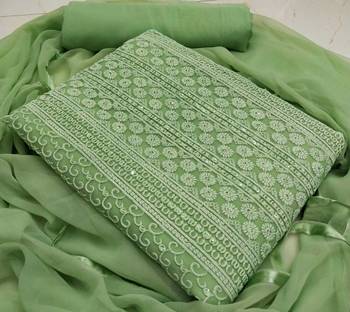 Green chikankari embroidered unstitched dress material 1