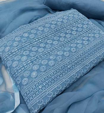 Blue chikankari embroidered unstitched dress material 2