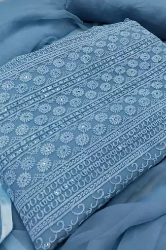 Blue chikankari embroidered unstitched dress material