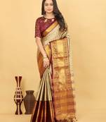 Beige Jacquard Cotton Silk Woven Saree With Blouse Piece