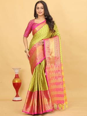 Lime Green Jacquard Cotton Silk Woven Saree With Blouse Piece 1