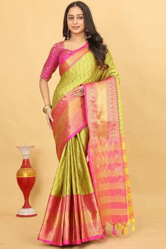 Lime Green Jacquard Cotton Silk Woven Saree With Blouse Piece
