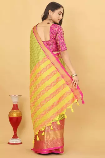 Lime Green Jacquard Cotton Silk Woven Saree With Blouse Piece