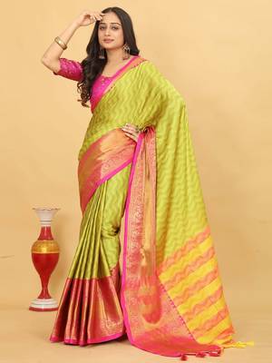 Lime Green Jacquard Cotton Silk Woven Saree With Blouse Piece 3
