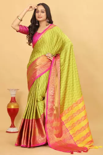 Lime Green Jacquard Cotton Silk Woven Saree With Blouse Piece