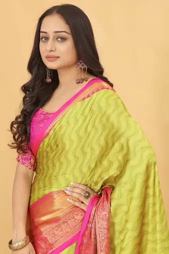Lime Green Jacquard Cotton Silk Woven Saree With Blouse Piece