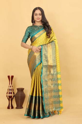 Lemon Jacquard Cotton Silk Woven Saree With Blouse Piece