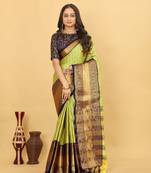 Lemon Navy Jacquard Cotton Silk Woven Saree With Blouse Piece