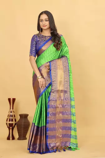 Light green jacquard cotton silk woven saree with blouse piece