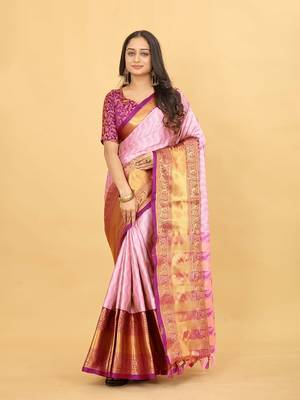 Peach Jacquard Cotton Silk Woven Saree With Blouse Piece 1