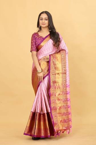 Peach Jacquard Cotton Silk Woven Saree With Blouse Piece