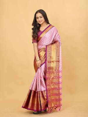 Peach Jacquard Cotton Silk Woven Saree With Blouse Piece 3