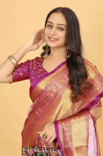 Peach Jacquard Cotton Silk Woven Saree With Blouse Piece