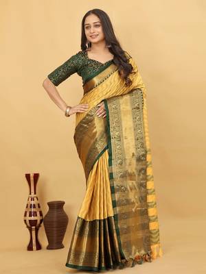 Yellow Jacquard Cotton Silk Woven Saree With Blouse Piece 1