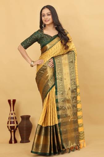 Yellow Jacquard Cotton Silk Woven Saree With Blouse Piece