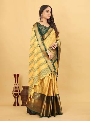 Yellow Jacquard Cotton Silk Woven Saree With Blouse Piece 3