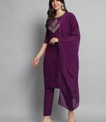  Wine Embroidered Work Cotton Slub Rayon Fabric Straight Kurta, Pant and Dupatta Set