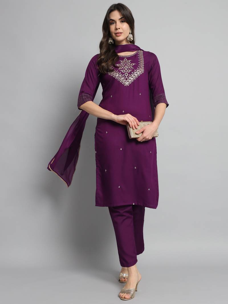  Wine Embroidered Work Cotton Slub Rayon Fabric Straight Kurta, Pant and Dupatta Set