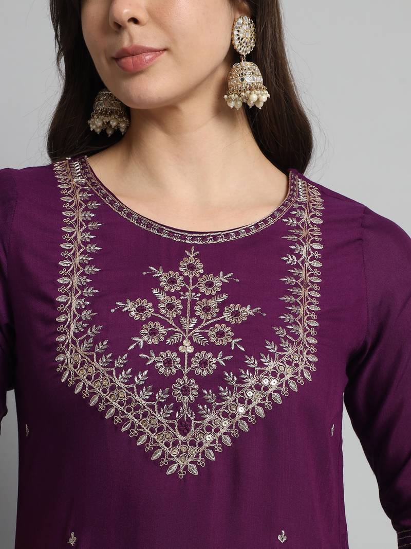  Wine Embroidered Work Cotton Slub Rayon Fabric Straight Kurta, Pant and Dupatta Set