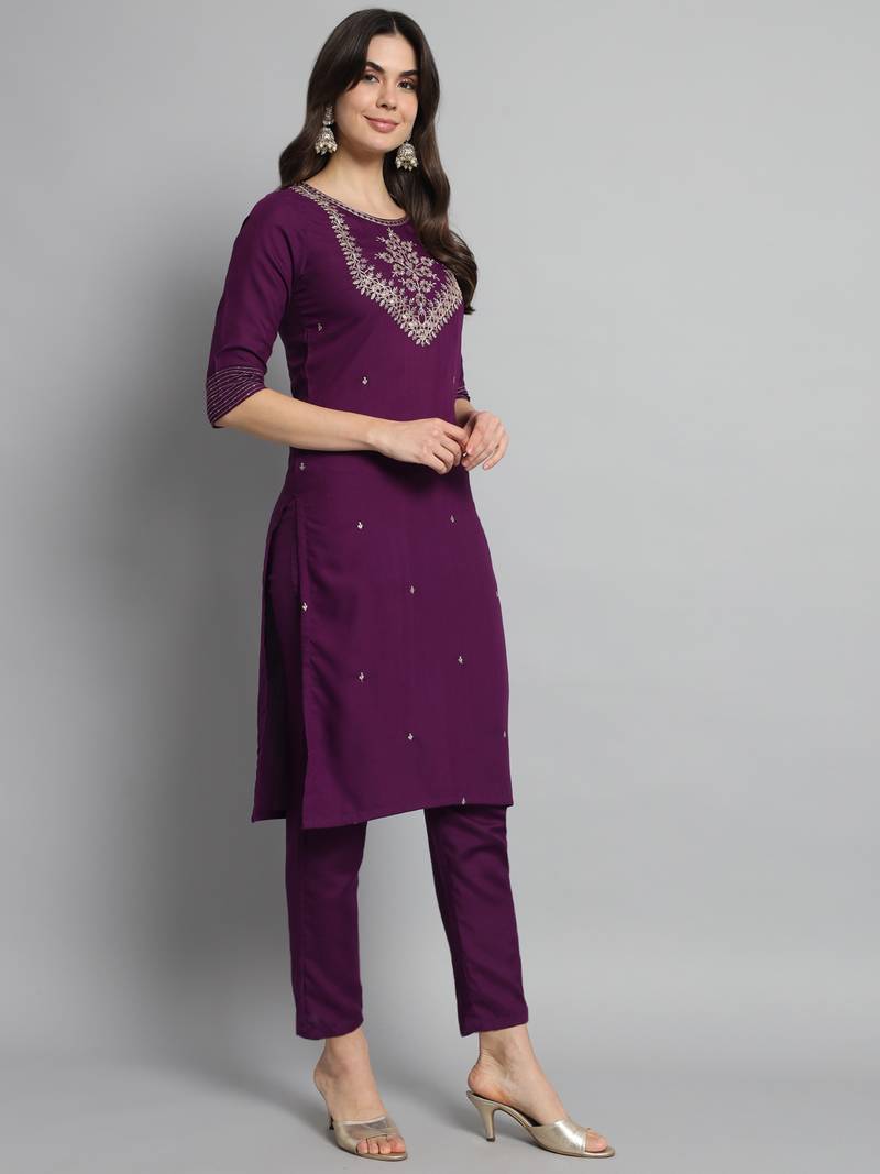  Wine Embroidered Work Cotton Slub Rayon Fabric Straight Kurta, Pant and Dupatta Set