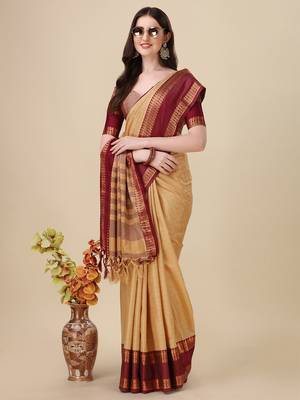 Cotton Silk Zari Border Beige Saree with Blouse Piece 1