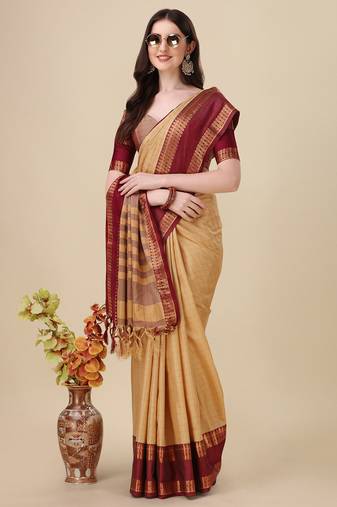 Cotton Silk Zari Border Beige Saree with Blouse Piece