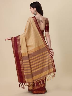 Cotton Silk Zari Border Beige Saree with Blouse Piece 2