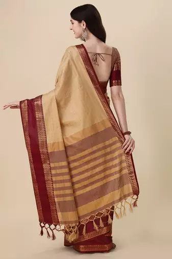 Cotton Silk Zari Border Beige Saree with Blouse Piece