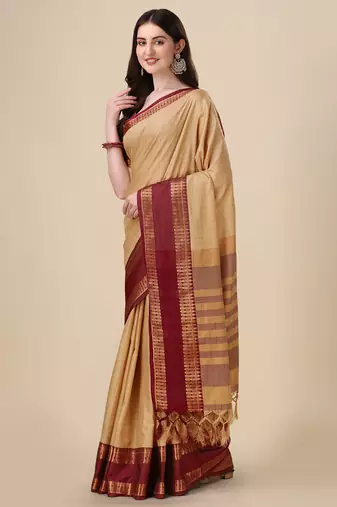 Cotton Silk Zari Border Beige Saree with Blouse Piece