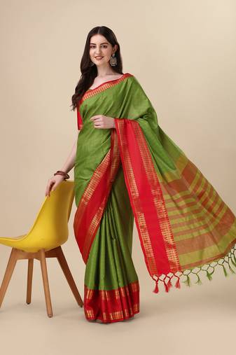 Light Green Zari Border Cotton Silk Woven Saree With Blouse Piece
