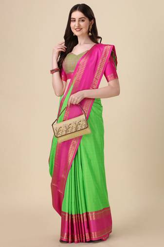 Parrot Blue Zari Border Cotton Silk Woven Saree With Blouse Piece