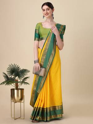 Villagius Cotton Silk Resham Woven Yellow Saree with Blouse Piece 1