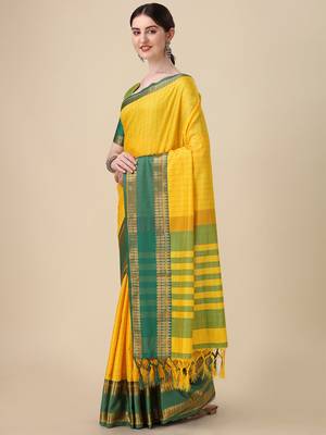 Villagius Cotton Silk Resham Woven Yellow Saree with Blouse Piece 3