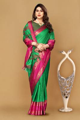 Green Zari Border Cotton Silk Woven Saree With Blouse Piece 1