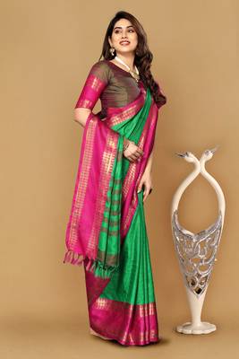 Green Zari Border Cotton Silk Woven Saree With Blouse Piece 3