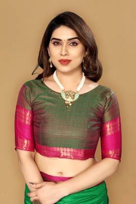 Green Zari Border Cotton Silk Woven Saree With Blouse Piece 4