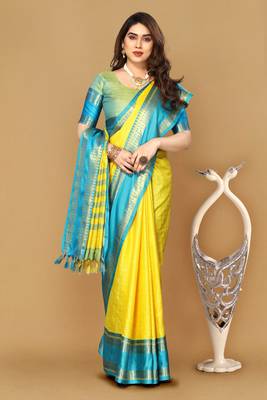 Yellow Resham Woven Pallu Cotton Silk Saree     Unstitched 1
