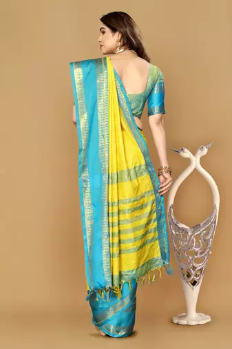 Yellow Resham Woven Pallu Cotton Silk Saree     Unstitched