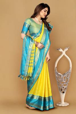 Yellow Resham Woven Pallu Cotton Silk Saree     Unstitched 3