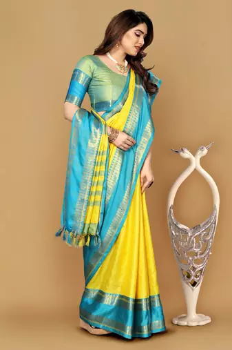 Yellow Resham Woven Pallu Cotton Silk Saree     Unstitched