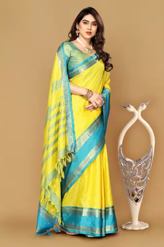 Yellow Resham Woven Pallu Cotton Silk Saree     Unstitched