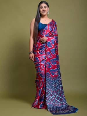 Pink Digital Printed Satin Fabric Bollywood Saree With Bloise Piece 1