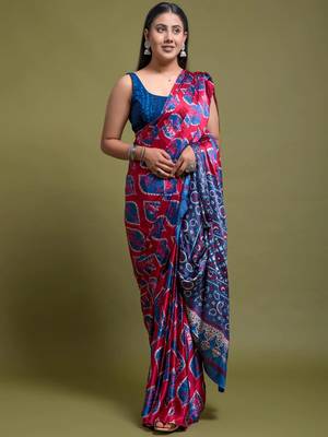 Pink Digital Printed Satin Fabric Bollywood Saree With Bloise Piece 4