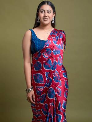 Pink Digital Printed Satin Fabric Bollywood Saree With Bloise Piece 5
