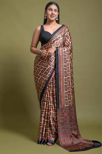 Peach Digital Printed Satin Fabric Bollywood Saree With Bloise Piece