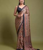 Peach Digital Printed Satin Fabric Bollywood Saree With Bloise Piece